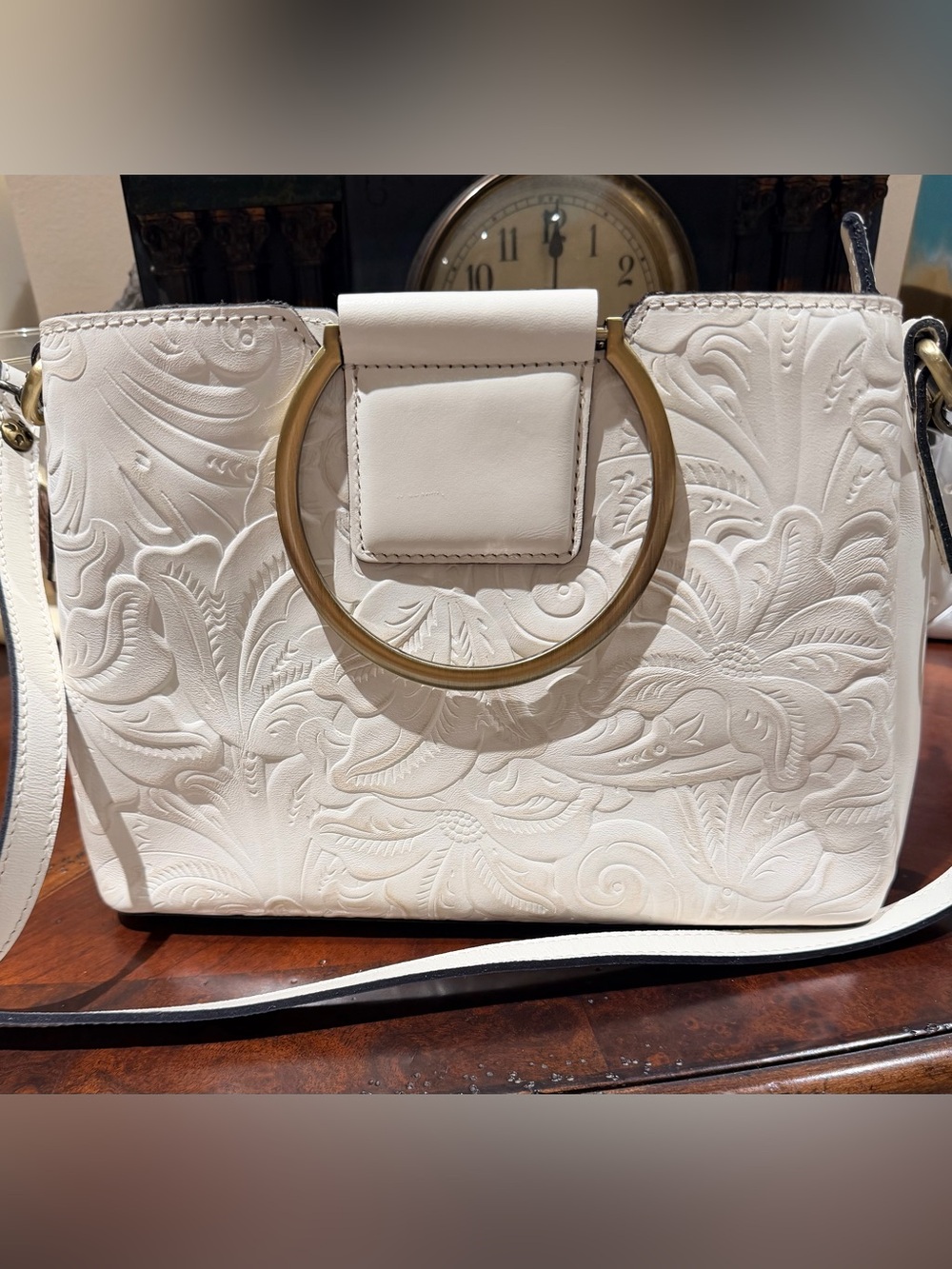 PATRICIA NASH (Like New) White Embossed Leather Tote with Gold Ring Handle